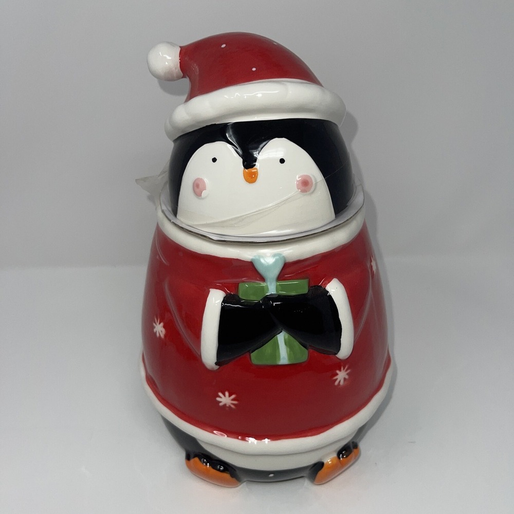 Christmas Penguin Cookie Jar 11" Red Holiday Time Present New